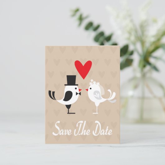 Bewaar de datum Lovebirds & Hearts Tan Briefkaart (Staand voorkant)