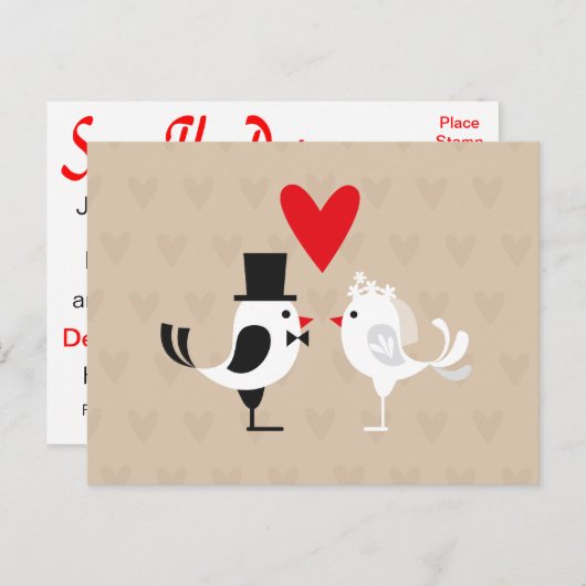 Bewaar de datum Lovebirds & Hearts Tan Briefkaart (Voorkant / Achterkant)