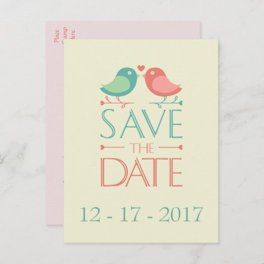 Bewaar de datum Lovebirds Wedding Briefkaart (Voorkant / Achterkant)