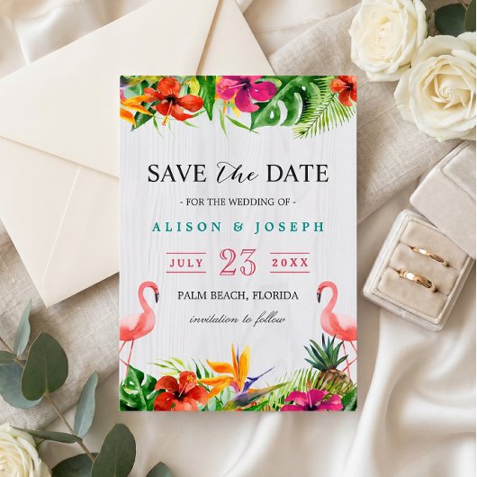 Bewaar de datum | Luau Tropisch Bloem Flamingo Save The Date
