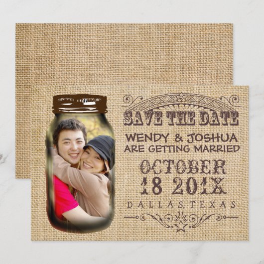 Bewaar de datum Mason pot jute ruw bruiloft Save The Date (Voorkant / Achterkant)