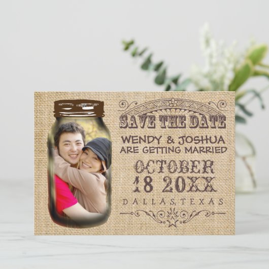 Bewaar de datum Mason pot jute ruw bruiloft Save The Date (Staand voorkant)