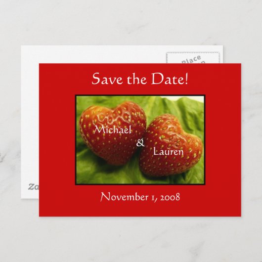 Bewaar de datum met aardbeien harten! aankondigingskaart (Voorkant / Achterkant)