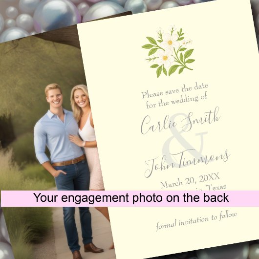 Bewaar de datum met witte bloemen foto achterkant save the date