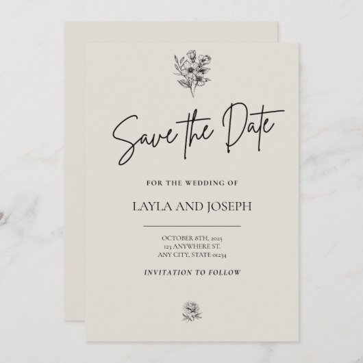 Bewaar de datum minimalistische bloemkaart save the date (Voorkant / Achterkant)
