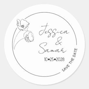 Bewaar de datum minimalistische klaproos bruiloft ronde sticker