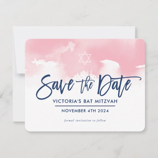 BEWAAR DE DATUM MITZVAH moderne bleke roze aquarel Save The Date (Voorkant)