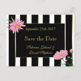 Bewaar de datum Modern Black Stripes Roze Mums Aankondigingskaart