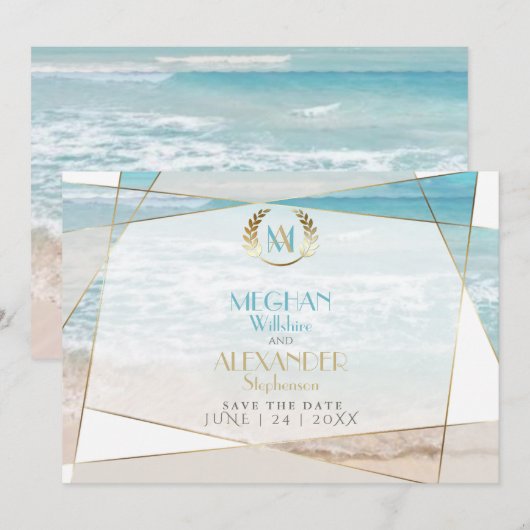 Bewaar de datum | Modern geometrisch strandmonogra Save The Date (Voorkant / Achterkant)