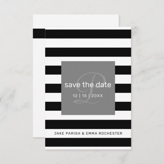 Bewaar de datum Modern Monogram Black White Stripe Save The Date (Voorkant / Achterkant)