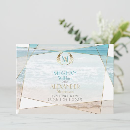 Bewaar de datum | Modern Monogram Geometrisch Stra Save The Date (Staand voorkant)