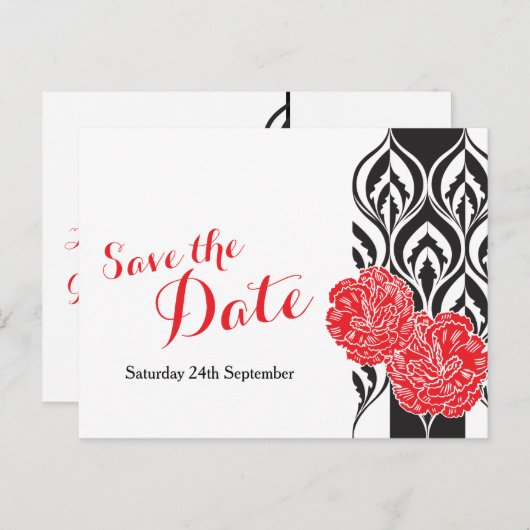 Bewaar de datum modern rode dianthus bruiloft brie aankondigingskaart (Voorkant / Achterkant)