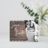 Bewaar de datum Modern rustiek hout en kant foto Aankondigingskaart (Staand voorkant)