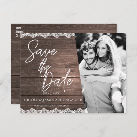 Bewaar de datum Modern rustiek hout & kant foto Aankondigingskaart (Voorkant / Achterkant)