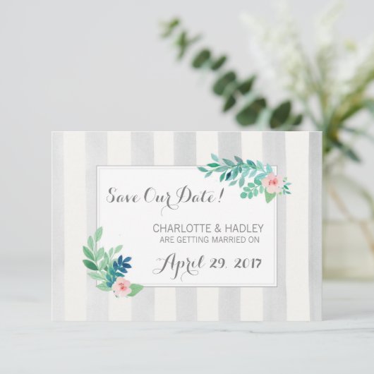 Bewaar de datum Moderne strepen & Boheemse bloemen Save The Date (Staand voorkant)