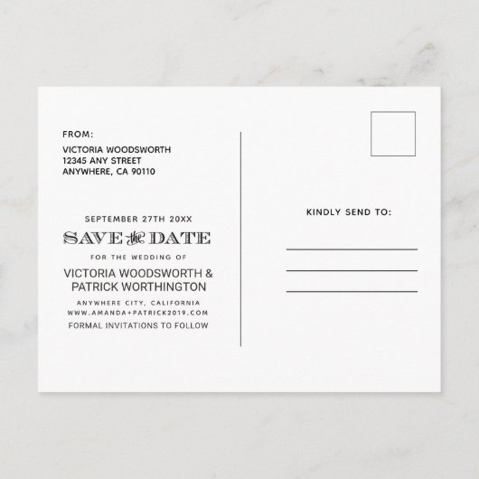 Bewaar de datum Moderne typografie Fotobruiloft Aankondigingskaart (Achterkant)