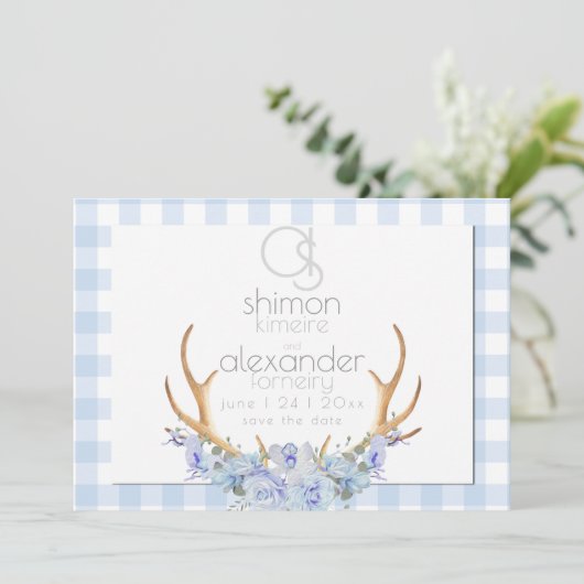Bewaar de datum | Monogram Blauw Gingang Bloemen B Save The Date (Staand voorkant)