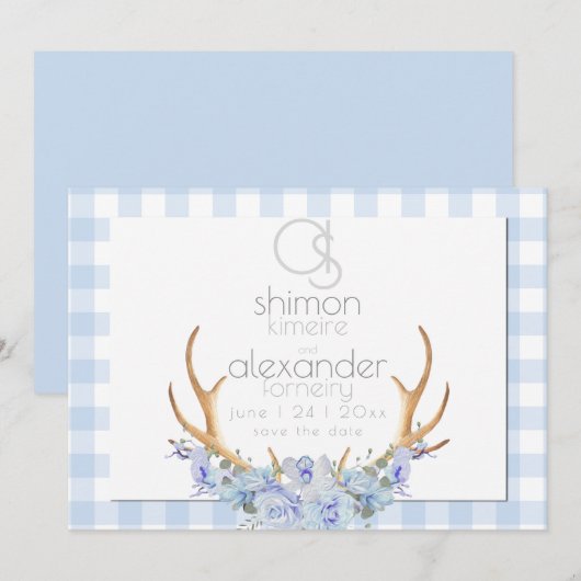 Bewaar de datum | Monogram Blauw Gingang Bloemen B Save The Date (Voorkant / Achterkant)