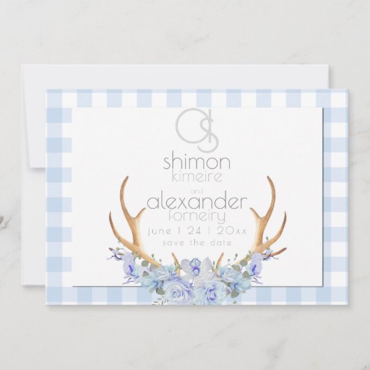 Bewaar de datum | Monogram Blauw Gingham Bloemen B Save The Date (Voorkant)