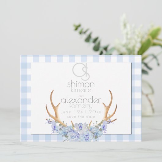 Bewaar de datum | Monogram Blauw Gingham Bloemen B Save The Date (Staand voorkant)