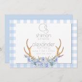 Bewaar de datum | Monogram Blauw Gingham Bloemen B Save The Date (Voorkant / Achterkant)