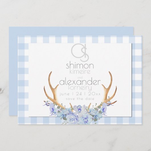 Bewaar de datum | Monogram Blauw Gingham Bloemen B Save The Date (Voorkant / Achterkant)