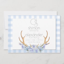 Bewaar de datum | Monogram Blauw Gingham Bloemen B Save The Date