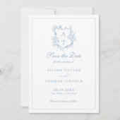 Bewaar de datum Monogram Crest Dusty Blue Kaart (Voorkant)