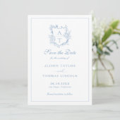 Bewaar de datum Monogram Crest Dusty Blue Kaart (Staand voorkant)