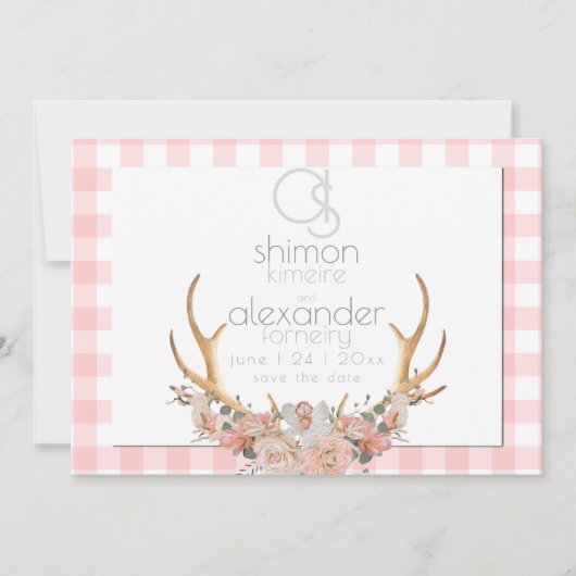 Bewaar de datum | Monogram Koralen Gingham Bloemen Save The Date (Voorkant)