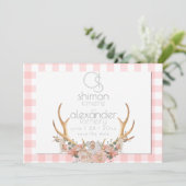 Bewaar de datum | Monogram Koralen Gingham Bloemen Save The Date (Staand voorkant)