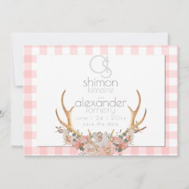 Bewaar de datum | Monogram Koralen Gingham Bloemen Save The Date