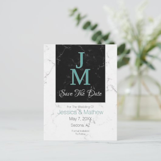Bewaar de datum, Monogram wit & zwart marmer, DIY Aankondigingskaart (Staand voorkant)