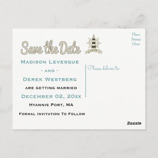 Bewaar de datum Nautical Lighthouse Verloving Briefkaart (Achterkant)