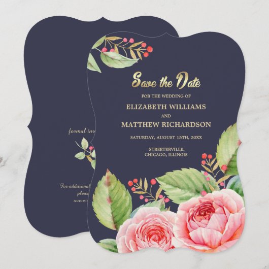 Bewaar de datum. Navy Blauwe Aquarel Bloemkaart Save The Date (Voorkant / Achterkant)