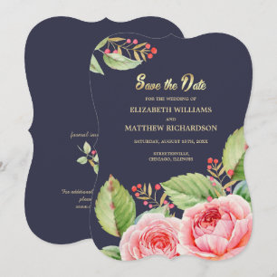 Bewaar de datum. Navy Blauwe Aquarel Bloemkaart Save The Date