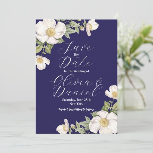 Bewaar de datum Navy Blue Cream Bloemenbruiloft Save The Date (Staand voorkant)