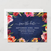 Bewaar de datum Navy Blue Floral Waterverf Aankondigingskaart (Voorkant / Achterkant)
