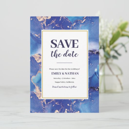 Bewaar de datum Navy Blue Gold Inky Invitation Kaart (Staand voorkant)