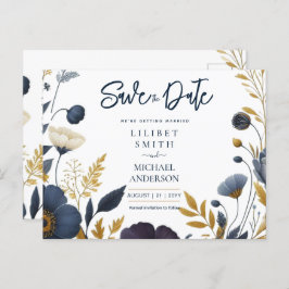 Bewaar de datum Navy Geel Goud Bloem Elegant Briefkaart
