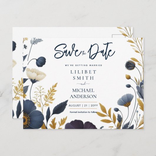 Bewaar de datum Navy Geel Goud Bloem Elegant Briefkaart (Voorkant / Achterkant)