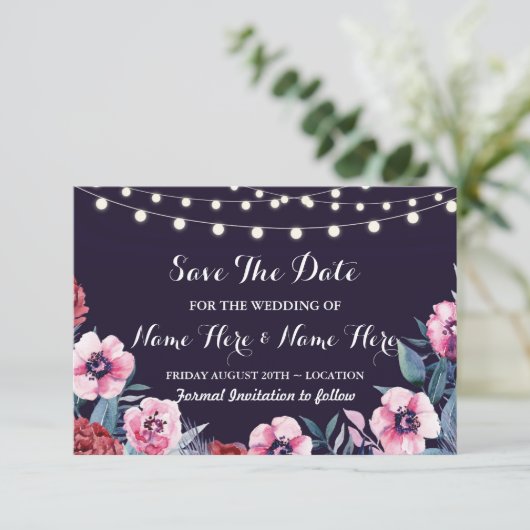 Bewaar de datum Navy Roze Burgundy Bloemen Uitnodi Save The Date (Staand voorkant)