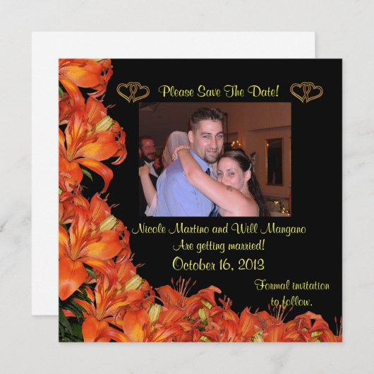 Bewaar de datum oranje lelies bloemstuk kaart (Voorkant / Achterkant)