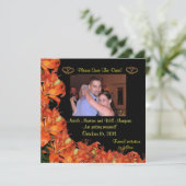 Bewaar de datum oranje lelies bloemstuk kaart (Staand voorkant)