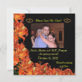 Bewaar de datum oranje lelies bloemstuk kaart (Voorkant)