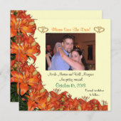 Bewaar de datum oranje lelies bloemstuk met foto kaart (Voorkant / Achterkant)