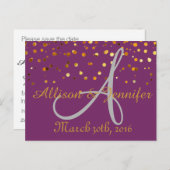 Bewaar de datum Paarse en Gouden Glitter Faux Foi Aankondigingskaart (Voorkant / Achterkant)