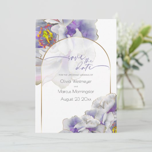 Bewaar de datum Paarse Exotische Bloemen Kaart (Staand voorkant)