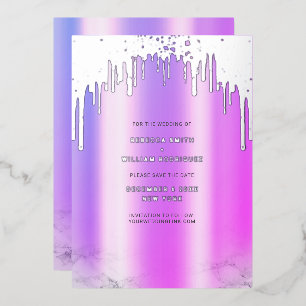 Bewaar de datum Paarse Glitter Drips Silver Folie Feestdagenkaart