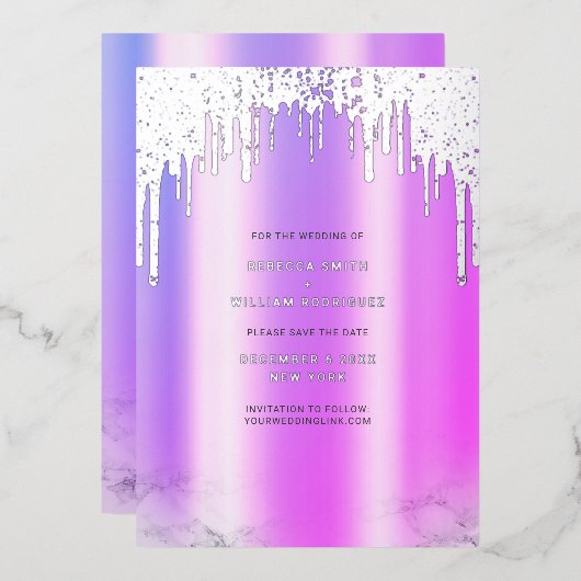 Bewaar de datum Paarse Glitter Drips Silver Folie Feestdagenkaart (Voorkant / Achterkant)